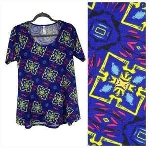 LuLaRoe Perfect T XS 4/6/8/10 Knit Tee Blue Neon Tribal Print Shirt Swing Top